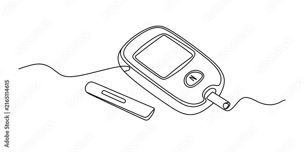 Obraz premium Continuous line drawing of a blood glucose monitor and test strip