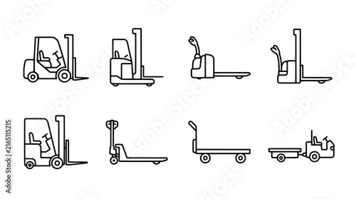 Set of forklift and warehouse vehicle line icons, industrial material handling equipment and pallet trucks, transport and logistics collection