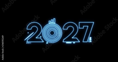 Futuristic 2027 year text with rotating globe element in dark void
