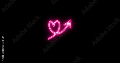 Neon pink heart with arrow animating on black background motion graphics