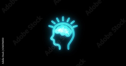 Glowing Neon Human Head Silhouette with Lightbulb Idea Animation in Dark Background