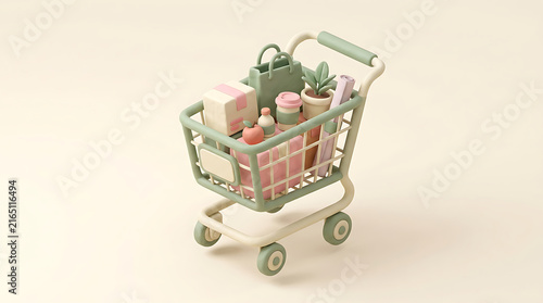 3D rendering of shopping cart full of grocery items and packages isolated on neutral background