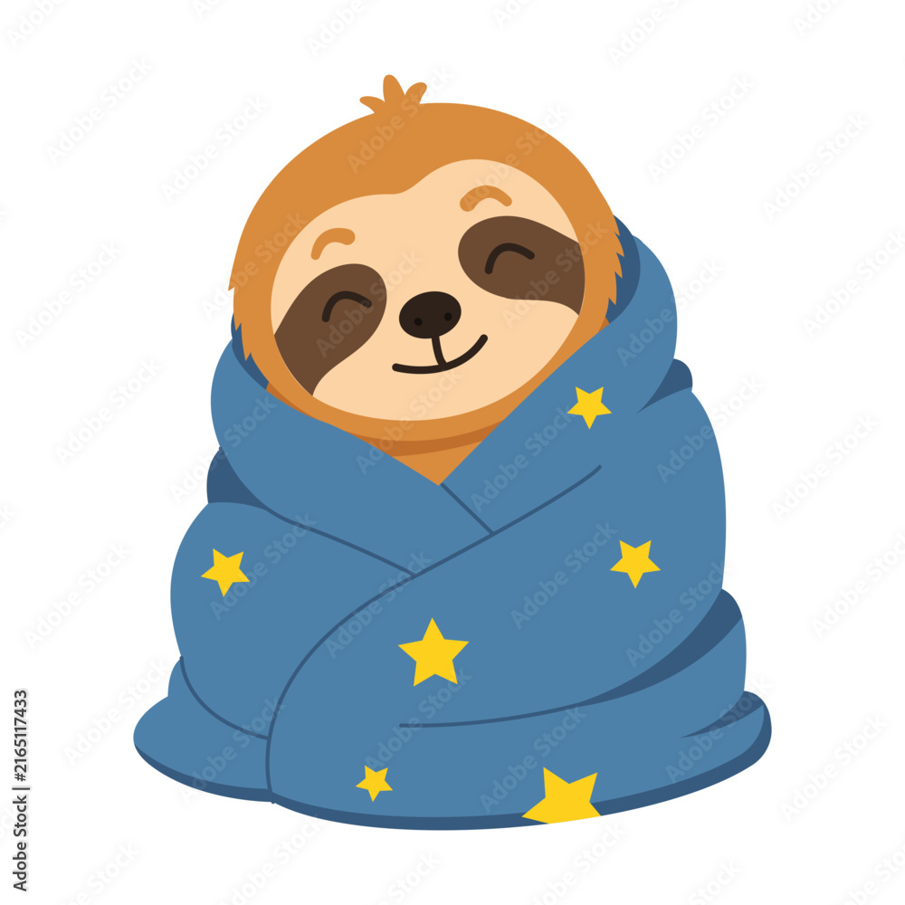 Naklejka premium Cozy sloth character wrapped snugly in a blue blanket with yellow stars, smiling with closed eyes to convey warmth, comfort, rest, bedtime relaxation.