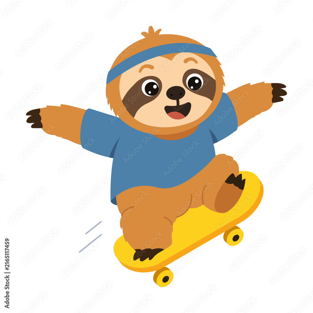 Naklejka premium Energetic sloth character riding a yellow skateboard in a blue outfit and headband, extending both arms for balance while showing sporty motion and outdoor fun.