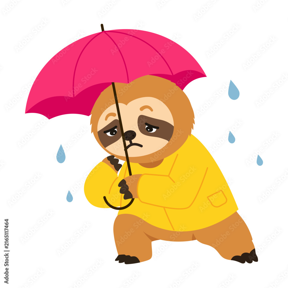 Naklejka premium Sloth character standing under a bright pink umbrella in rainy weather, wearing a yellow raincoat while holding the handle and watching falling raindrops.