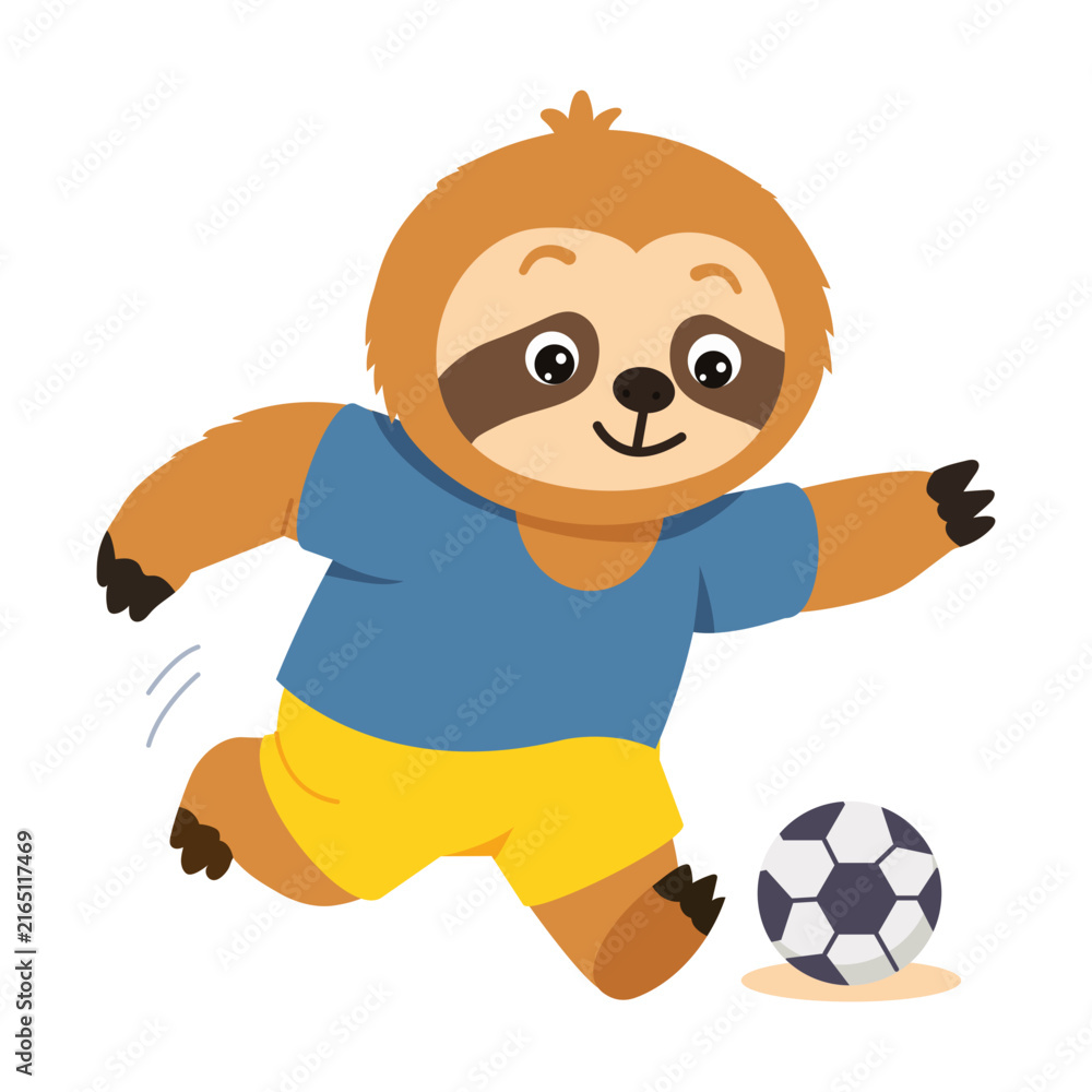 Naklejka premium Active sloth character wearing a blue top and yellow shorts while kicking a soccer ball, showing a cheerful sports pose filled with motion and energy.