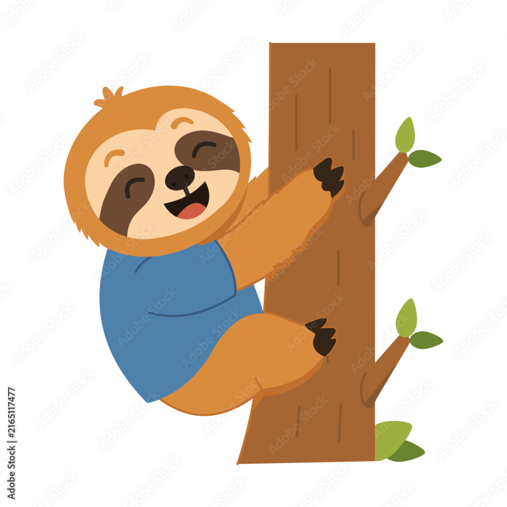 Naklejka premium Playful sloth character climbing a tree trunk with both arms wrapped around the bark, smiling while green leaves appear along the simple outdoor scene.
