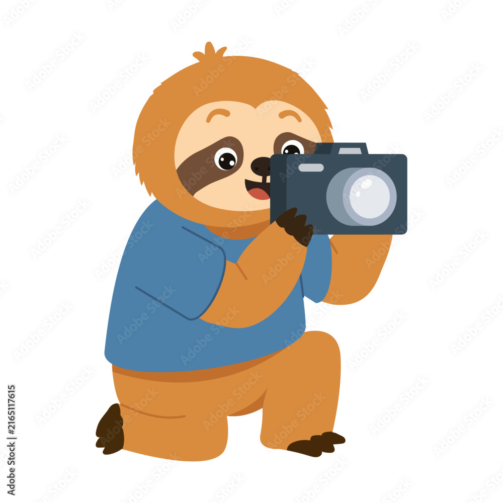 Naklejka premium Creative sloth character holding a camera up to its face, carefully taking a picture while standing in a simple photography and visual storytelling scene.