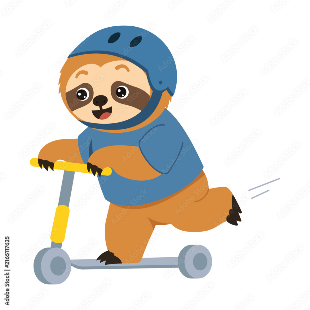 Naklejka premium Active sloth character wearing a blue helmet while riding a yellow kick scooter, pushing forward with one leg in a cheerful outdoor transportation scene.