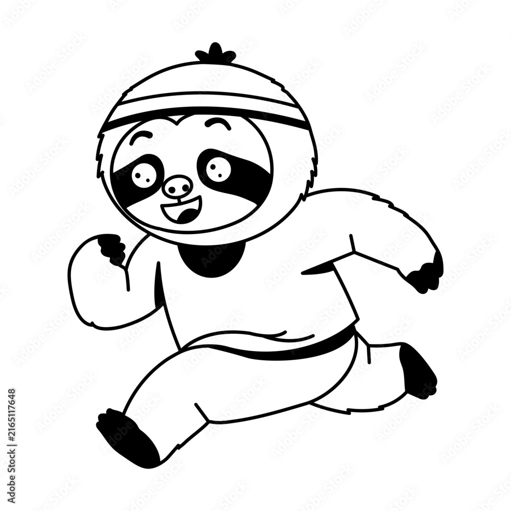 Naklejka premium Active sloth character running forward in a purple athletic outfit and headband, with lifted legs and swinging arms that clearly show speed and lively motion.