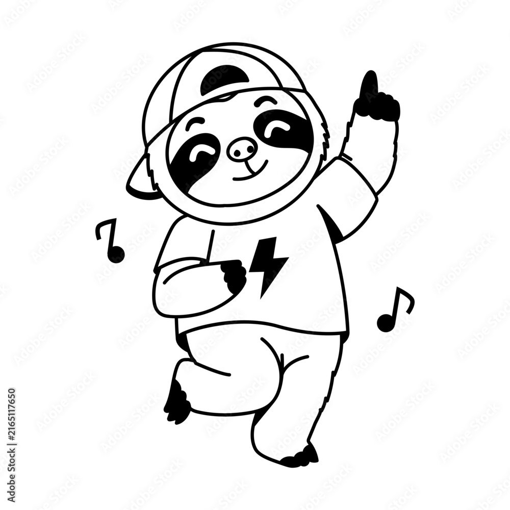 Naklejka premium Playful sloth character dancing in a purple cap and shirt, raising one arm while musical notes surround the pose to show rhythm, energy, cheerful movement.