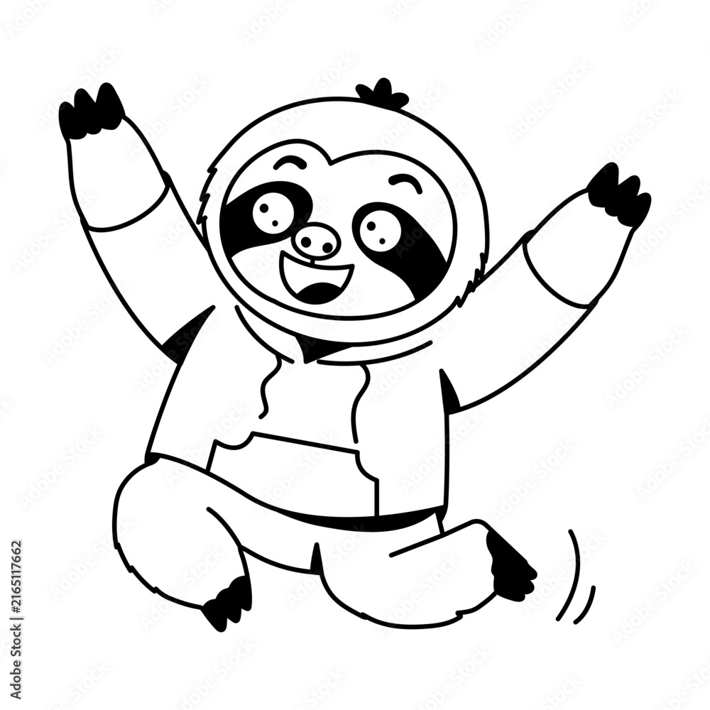 Naklejka premium Energetic sloth character jumping with both arms raised, wearing a blue hoodie and showing a wide smile that captures excitement, movement, playful action.