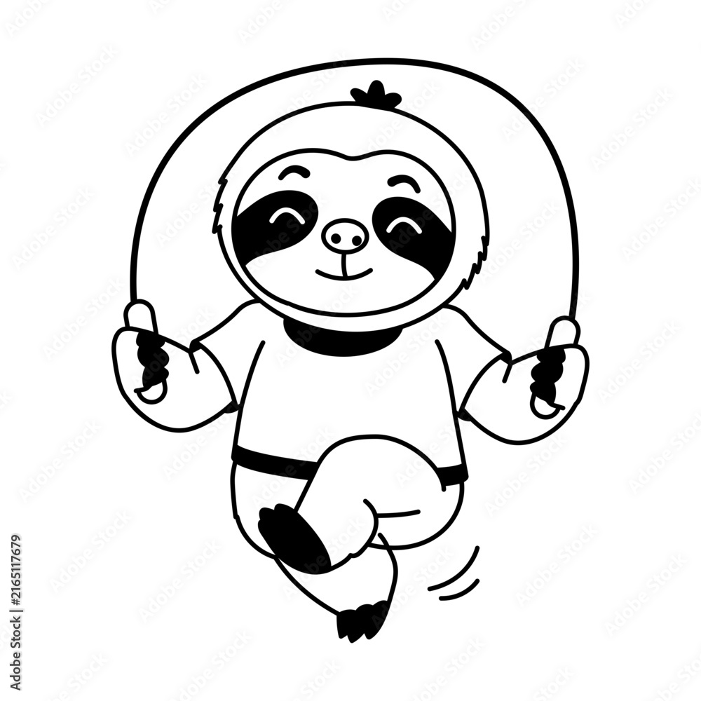 Naklejka premium Happy sloth character skipping rope in a yellow outfit, lifting one foot while holding both handles to show exercise, movement, energy, playful fitness.