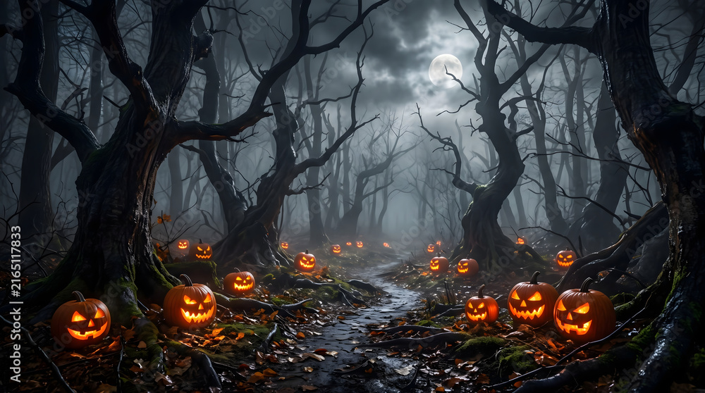 Obraz premium Spooky Halloween forest at night with glowing pumpkins along a dark path under a full moon in a misty wood with twisted dead trees and eerie atmosphere for seasonal holiday background scene