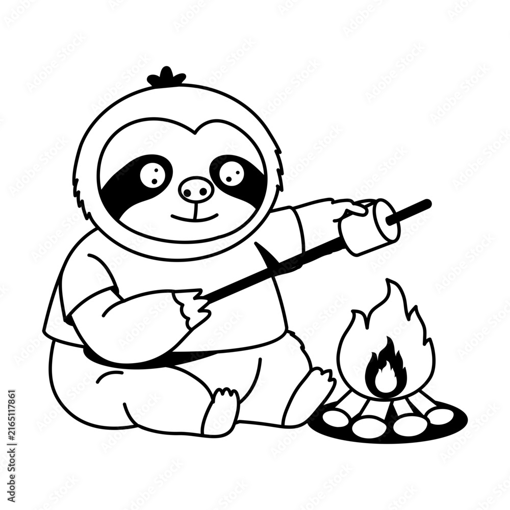 Naklejka premium Relaxed sloth character sitting beside a small campfire while holding a stick over the flames, creating a cozy outdoor camping and adventure activity scene.