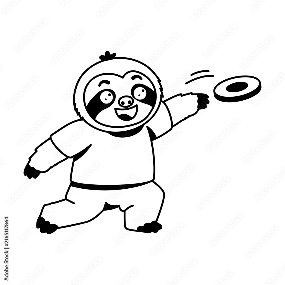 Naklejka premium Energetic sloth character running while throwing a purple flying disc with one hand, creating a playful outdoor sports scene filled with movement and fun.