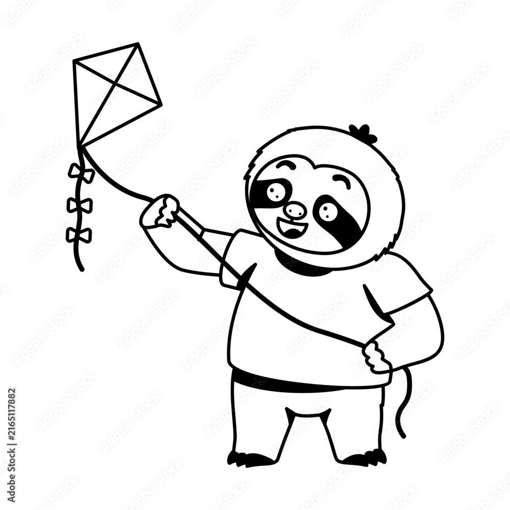Naklejka premium Playful sloth character holding a string while flying a colorful diamond-shaped kite, looking upward during a cheerful outdoor recreational activity.