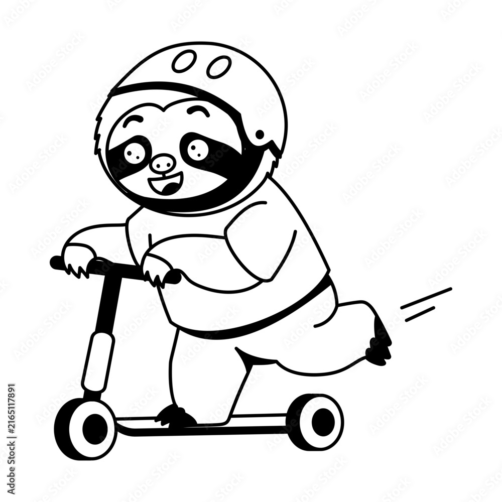 Naklejka premium Active sloth character wearing a blue helmet while riding a yellow kick scooter, pushing forward with one leg in a cheerful outdoor transportation scene.
