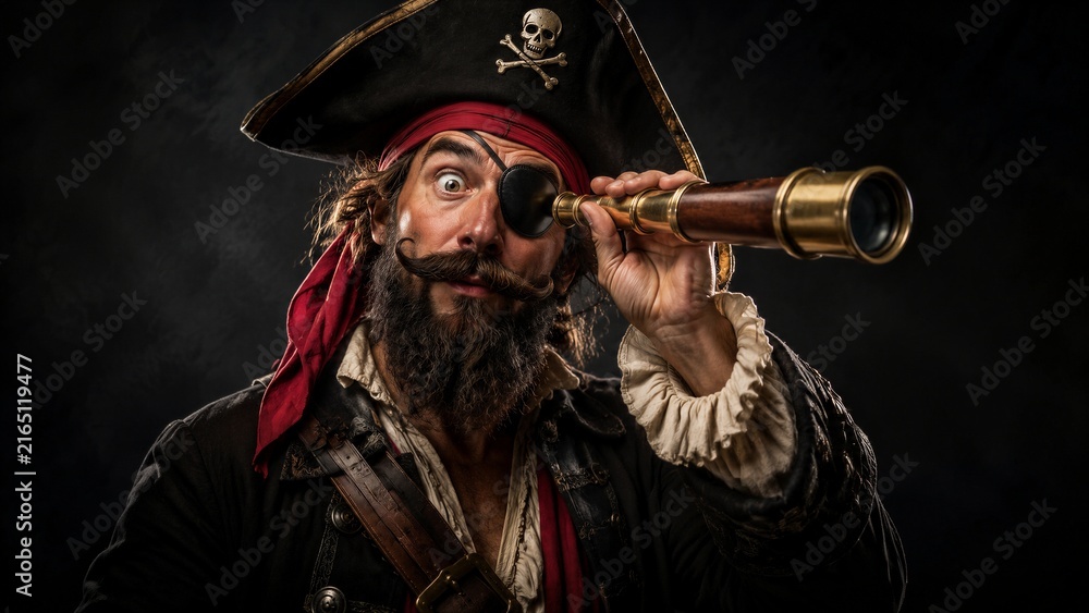 Fototapeta premium Pirate looking through spyglass in dark dramatic portrait