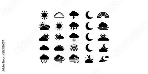 Cuadro en lienzo Weather forecast and climate flat icon set, black vector pictograms for meteorological and seasonal condition