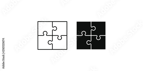 Принти на полотні Black outline of a four-piece puzzle grid and a solid black completed puzzle icon, symbolizing logic and completeness on a transparent background