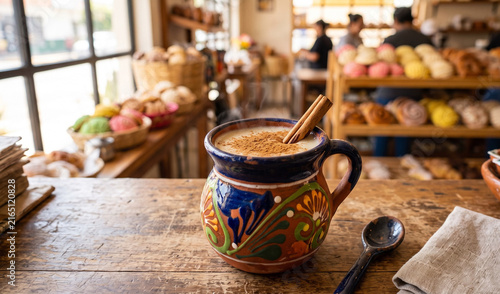 A rich mug of thick, warm Atole de Vainilla served in a hand-painted clay mug on a wooden counter, Creamy masa-based vanilla beverage topped with a gentle dusting of ground cinnamon and a floating cin