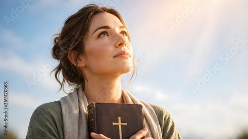 Faith and Serenity: A young woman holds a worn Bible, her gaze lifted towards a radiant sunlit sky, embodying hope and spiritual peace.