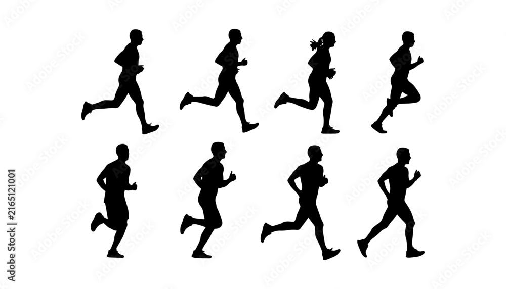 Obraz premium Collection of eight black silhouettes of male and female runners jogging and sprinting isolated on white background.