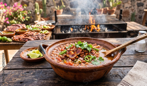 bowl of Frijoles Charros served in a heavy clay cazuela bowl on a rustic wood table, Hearty pinto bean soup loaded with crispy bacon pieces, chorizo, diced ham, tomatoes, jalapenos, and fresh cilantro