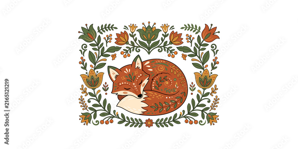 Naklejka premium Decorative sleeping fox surrounded by autumnal flowers and leaves creates charming folk art for forest theme designs.
