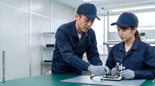 電子機器製造の工場で治具を用いた電子基板組立とOJT指導を行う日本人製造技術者と工場作業員