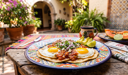A rich plate of classic Huevos Rancheros served on a vintage floral Talavera ceramic plate, Two sunny-side-up fried eggs with golden runny yolks resting on lightly fried corn tortillas, smothered in w