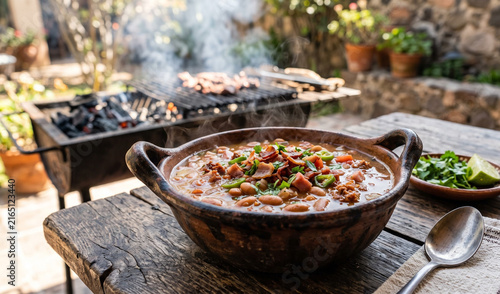 bowl of Frijoles Charros served in a heavy clay cazuela bowl on a rustic wood table, Hearty pinto bean soup loaded with crispy bacon pieces, chorizo, diced ham, tomatoes, jalapenos, and fresh cilantro