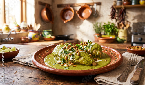 dish of chicken in Pipian Verde served on an artisanal red clay plate, Tender poached chicken breast covered in a smooth, thick pumpkin seed and green chili sauce, garnished with toasted pumpkin seeds