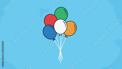 Group of five colorful balloons in red, green, blue, yellow, and white floating against a sky blue background.