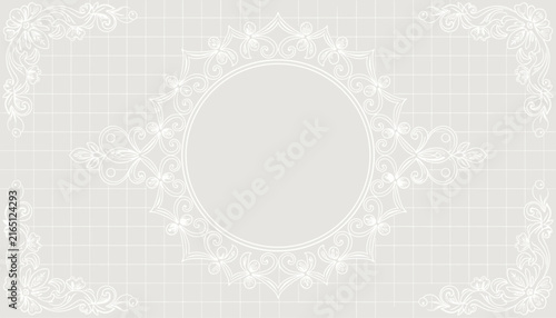 Light grey elegant background featuring white circular ornamental frame and decorative floral corner designs.