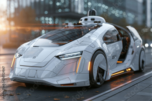 Sleek white robotaxi on city street with open door and roof sensors, cinematic golden hour lighting, urban glass background with copy space for tech marketing and autonomous mobility campaigns