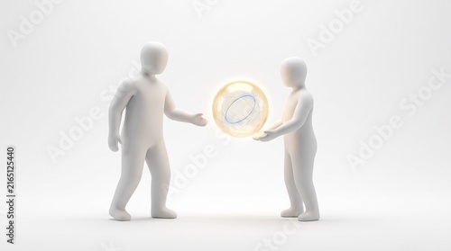 Conceptual 3D Illustration of Two Abstract Human Figures Exchanging a Glowing Ornate Token as a Metaphor for Value Transfer