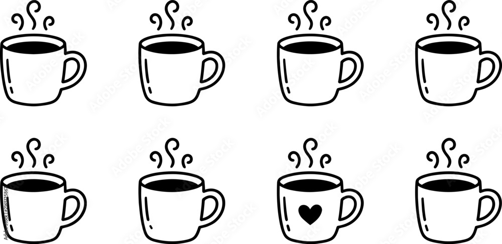 Obraz premium A collection of hand drawn coffee cups with steam in a simple black and white vector illustration for cafe menu design