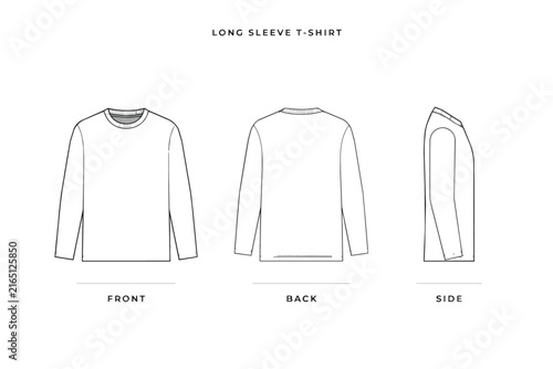 Long Sleeve T-Shirt Technical Sketch Template Front Back Side View Vector Mockup