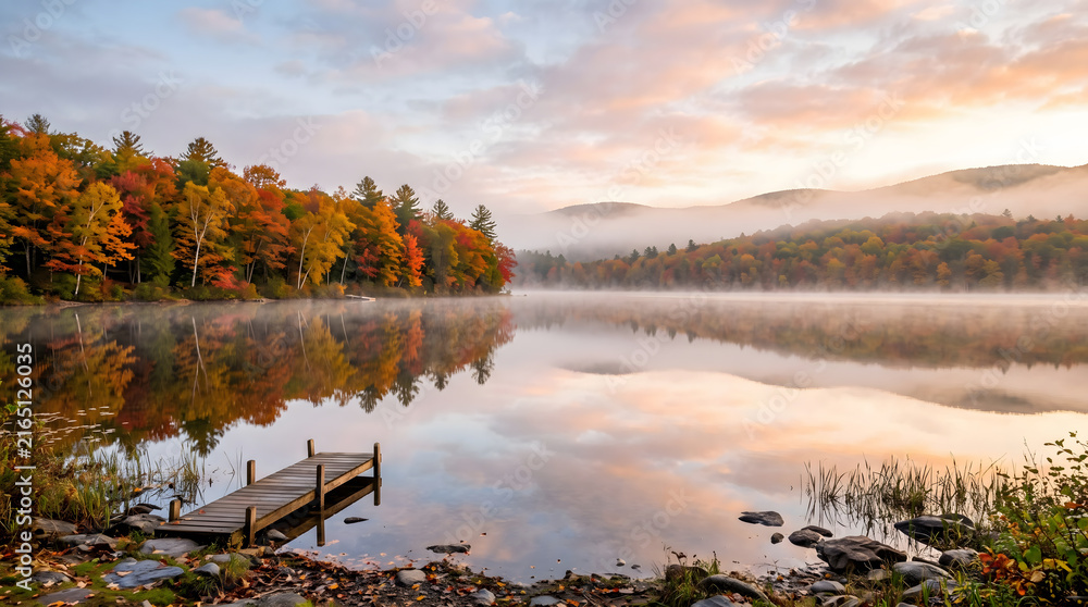 Obraz premium Serene autumn landscape featuring a wooden dock on a calm lake reflecting vibrant fall foliage trees and misty mountains under a beautiful sunrise sky in New England wilderness park scenery