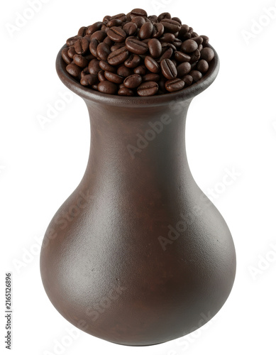 Roasted coffee beans in rustic ceramic clay jar isolated on transparent