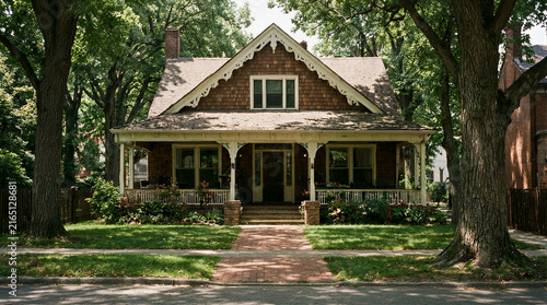 Classic foursquare house featuring a hipped roof, wide porch, brown shingles, white trim, and elm trees