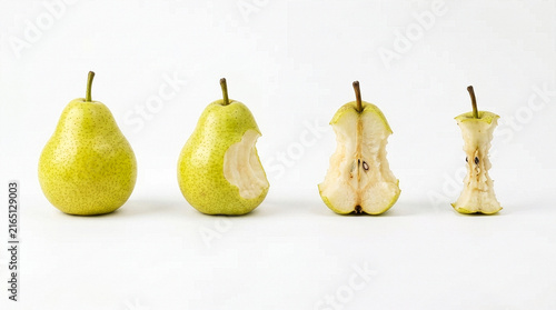 Green Pear Being Eaten in Stages from Whole to Core Sequence