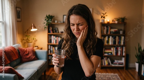 Young woman suffering from severe toothache holding glass of water while standing inside cozy living room showing clear signs of dental pain and discomfort during home medical emergency