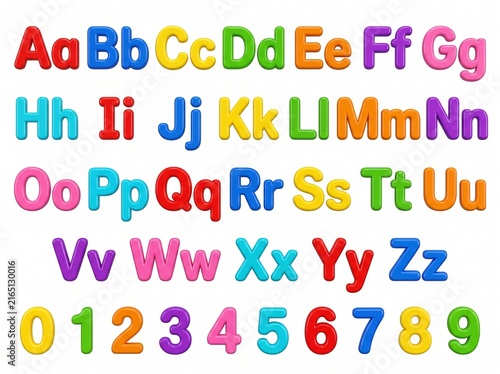 Cute glossy 3D plastic-style English alphabet and number set with uppercase and lowercase letter pairs (Aa to Zz) plus digits 0–9 arranged in a clean grid on white background lanka