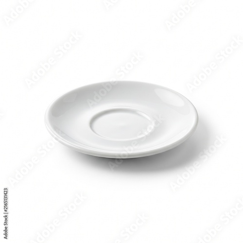 Title: Small white ceramic espresso saucer isolated on white background