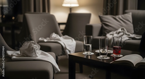 Messy hotel room interior after a party with glasses on a coffee table and armchairs