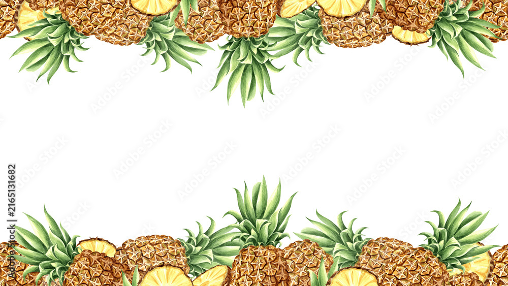 Fototapeta premium Pineapple whole and slice with leaves watercolor postcard template. Tropical fruits background hand drawn isolated illustration healthy eating design. Exotic food for packaging oil, skincare, textile.