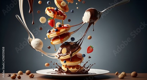 Delicious stack of golden pancakes with flying chocolate sauce, fresh berries, and nuts in dynamic motion